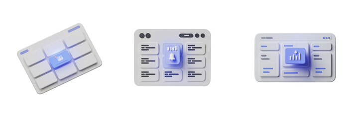 Modern dashboard ui elements with analytics graph and bell notification icons on transparent background representing data monitoring and alerts system
