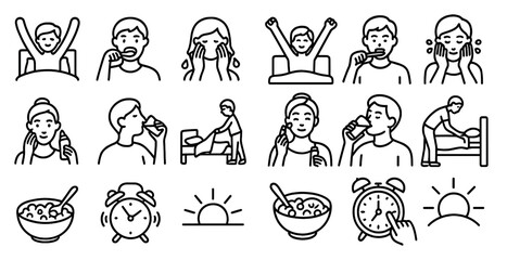 Fototapete - Series of images depicting various daily activities, such as brushing teeth, eating breakfast, and going to bed