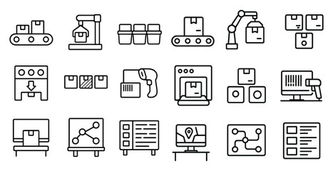 Fototapete - Series of icons depicting various industrial processes. The icons include a conveyor belt, a forklift, a computer monitor, and a barcode scanner. Scene is one of efficiency and productivity