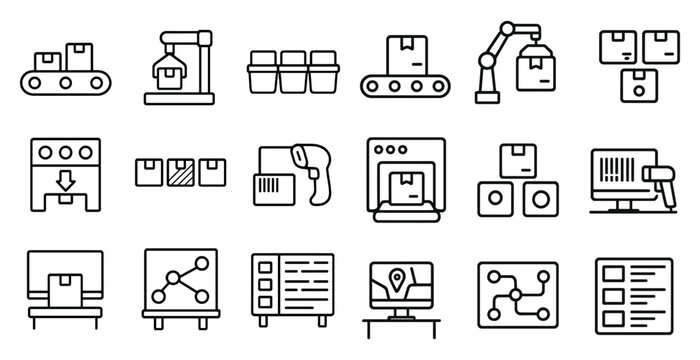Series of icons depicting various industrial processes. The icons include a conveyor belt, a forklift, a computer monitor, and a barcode scanner. Scene is one of efficiency and productivity