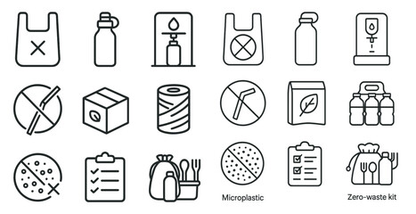 Fototapete - Set of icons for a zero waste kit. The icons include a box, a bottle, a cup, a spoon, a fork, a knife, a paper bag, a plastic bag, a water bottle, a cup, a bowl