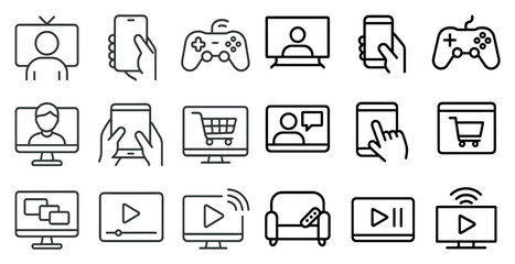 Fototapete - Set of icons for various electronic devices and entertainment options. The icons include a TV, a phone, a tablet, a laptop, a gaming controller, a remote, a keyboard, a mouse, a chair, a couch
