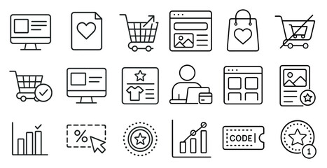 Fototapete - Series of icons for shopping, including a heart, a shopping cart, and a computer. The icons are all in black and white