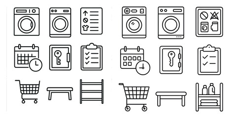 Fototapete - Set of icons for a laundry room. The icons include a washing machine, dryer, calendar, shopping cart, and a key