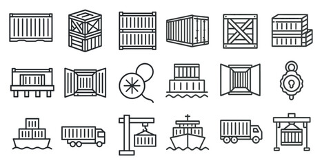 Fototapete - Set of shipping containers and other cargo-related icons. The icons include a ship, a crane, a truck, and a container. Scene is that of a busy port or shipping yard