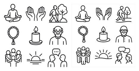 Fototapete - Collection of symbols and icons that represent various aspects of life and spirituality. The icons include a man holding hands, a man sitting, a man walking, a man meditating, a man holding a candle
