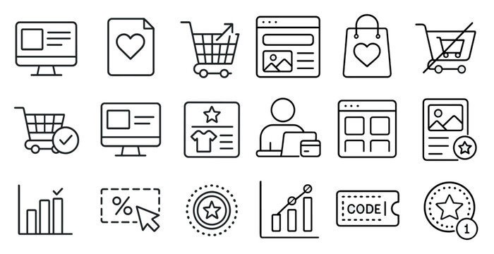 Series of icons for shopping, including a heart, a shopping cart, and a computer. The icons are all in black and white
