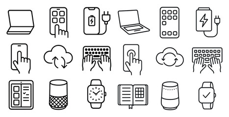 Fototapete - Collection of icons for various electronic devices, including a laptop, a cell phone, a tablet, a smart watch, and a keyboard
