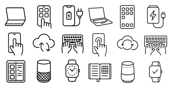 Collection of icons for various electronic devices, including a laptop, a cell phone, a tablet, a smart watch, and a keyboard