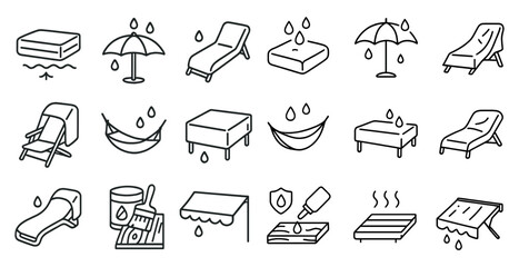 Fototapete - Series of images of various items related to outdoor furniture and relaxation. Scene is calm and peaceful, with the various items suggesting a comfortable and relaxing atmosphere