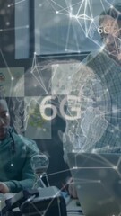 Poster - 6G network technology animation over diverse team collaborating in modern office