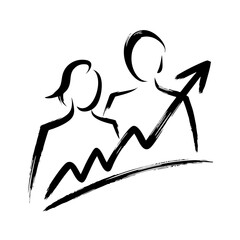 Poster - Two people with chart shown in simple outline style. Two people with chart represents partnership and teamwork, growth concept shown with arrow going up.
