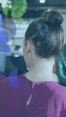 Poster - Diverse team collaborating in modern office with digital data overlay animation