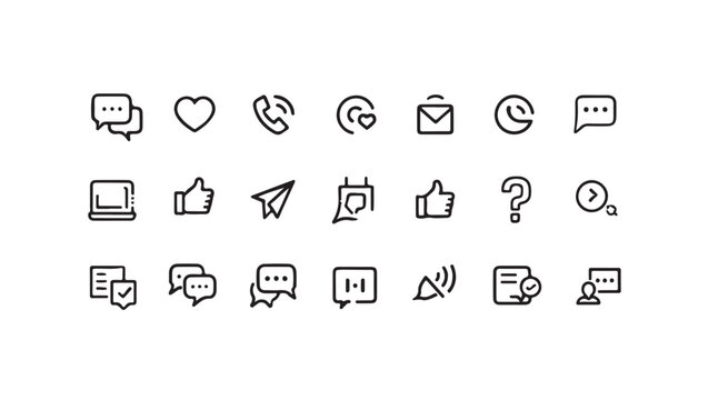Collection of black outline communication and social media icons chat bubble speech bubble