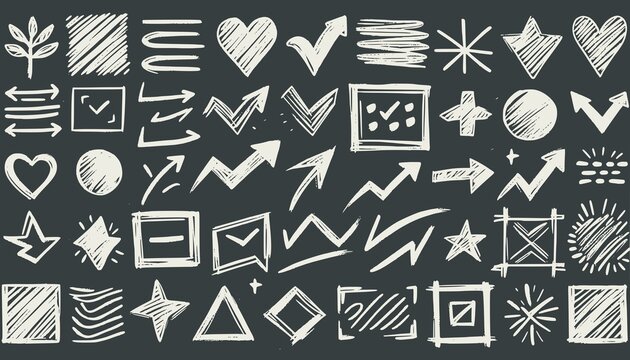 Set of crayon drawings. Chalk crayon underline, check mark, scribble and texture in rough hand sketch style. Drawn heart, frame, star design shapes. Vector illustration.  JPEG version.