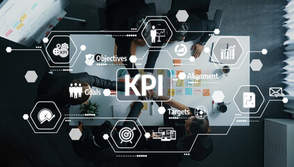 Poster - Business Team Collaboration on Strategic Objectives and Performance Metrics with Visual Representation of KPI, Goals, and Targets for Effective Alignment and Growth. Amity