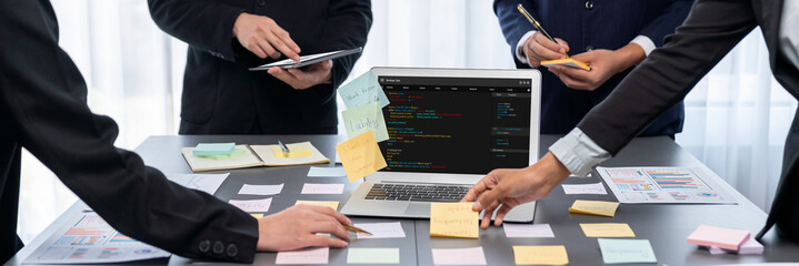 Poster - Analyst team use sticky note for creative and analytic brainstorm for business idea with BI data dashboard on laptop screen. Analysis financial data visualization tech for marketing strategy. Prodigy