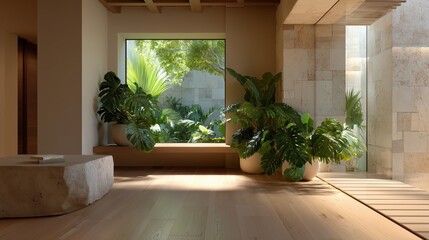 Poster - Modern interior design featuring natural light and indoor plants in a minimalist space with organic shapes