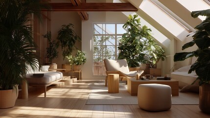 Poster - Cozy modern living space filled with lush greenery and natural light in a bright urban apartment
