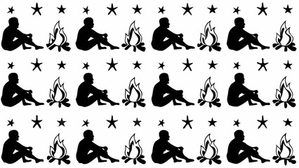 Wall Mural - Silhouette pattern with sitting figures, campfires, and stars arranged in a repeating horizontal row