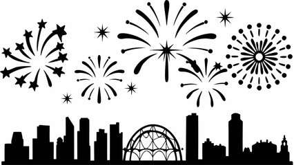 Wall Mural - Silhouette of city skyline with fireworks and stars in the sky on a white background design element