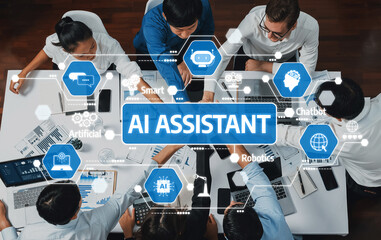 Poster - A diverse team collaborates in a modern office, utilizing AI assistant technologies to enhance productivity and streamline workflow in a digital environment. Amity