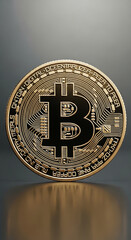 Poster - Gold Bitcoin coin close-up, showcasing intricate details and text, representing digital currency and blockchain technology