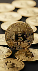 Poster - Close-up of gold Bitcoin cryptocurrency coins, showcasing intricate details and digital currency concept, representing decentralized finance and blockchain technology