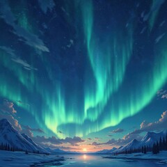 Wall Mural - vibrant green aurora borealis dances across starry night sky above snow-capped mountains, frozen lak