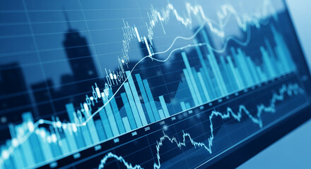 Poster - Close-up of financial charts displayed on screen, showing lines and bars indicating market trends, symbolizing growth, investment, and data analysis in the business sector