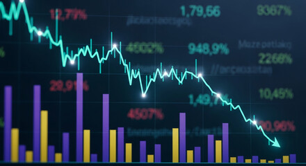 Poster - Detailed teal stock market graph shows a sharp downward trend, accompanied by bar graphs and percentage figures, representing market decline or economic downturn