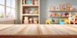 © Nure - Empty Wooden Tabletop with Blurred Children’s Playroom – Background with Toys, Bookshelves, and Colorful Interior for Kids’ Learning Concepts