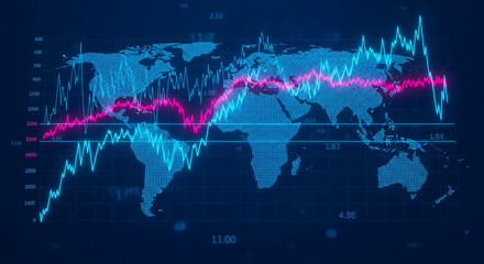 Poster - Global stock market graph overlaid on world map, showing upward and downward trends, visualizing worldwide financial performance and economic fluctuations