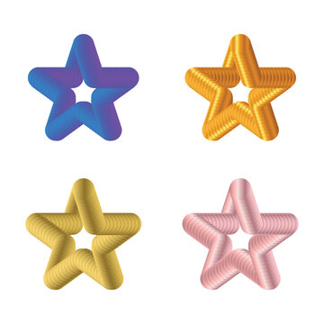 Abstract 3D Star Shapes Collection on Transparent Backdrop A Set of Four Unique Rendered Stars in Blue, Gold, and Pink Tones for Modern Design Projects