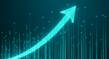 Poster - Teal upward arrow formed by particles, set against vertical lines, symbolizing growth, progress, and success in business or technology