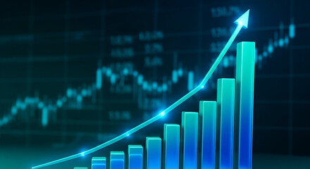 Poster - 3D blue graph showcasing upward trend, symbolizing growth, success, and progress in business, finance, or investments