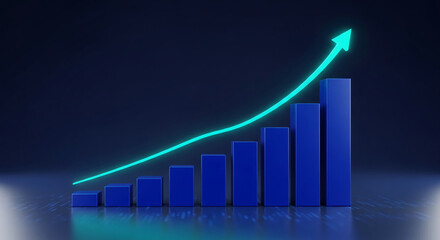 Poster - Ascending blue bars with glowing teal arrow, showcasing growth, progress, and success in business or finance