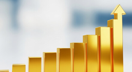 Poster - Ascending golden bars graph with arrow, symbolizing growth, success, and financial progress.  Ideal for business presentations or investment concepts. Free space for text