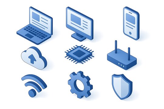 Isometric technology icons set laptop computer smartphone cloud wifi router gear cpu shield design 3d on transparent background