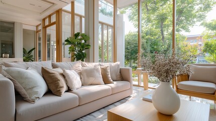 Poster - Cozy modern living room featuring natural light and greenery in a serene interior space