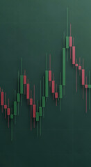 Poster - Abstract candlestick chart, green and red bars on dark green background, illustrating stock market trends, financial data visualization, business concept