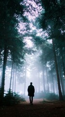 Poster - Mysterious figure walking through a foggy forest during early morning light
