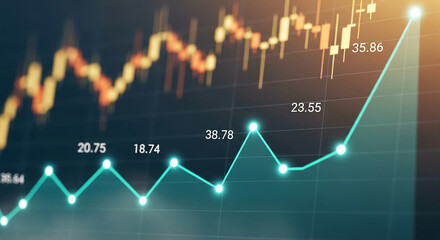 Poster - Close-up of teal and orange stock market chart, showing upward trend line, illustrating growth and financial success, ideal for business or finance concepts