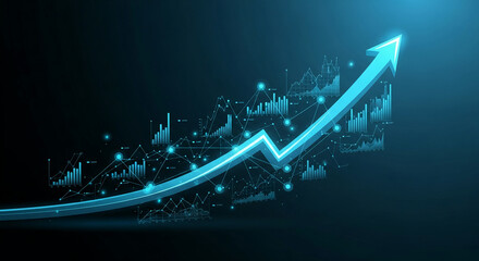 Poster - Upward blue arrow with glowing graphs, symbolizing growth, progress, and success in business and finance