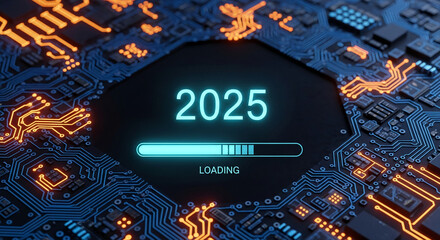 Poster - Close-up of circuit board with glowing blue and orange lines, displaying 