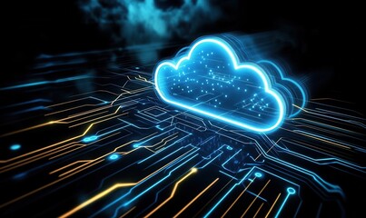 Poster - Cloud icon illuminated on glowing circuit board with vibrant light effects
