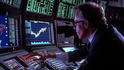 Poster - Investor analyzes financial data in a modern trading room during late hours, focused on market trends and statistics