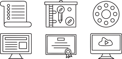 Poster - Modern education icons, online learning system, video lecture screen, exam sheet, test form, certificate badge, course progress, academic forum layout