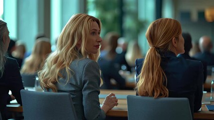 Poster - Business professionals engage in a conference meeting focused on corporate strategies in a modern office environment
