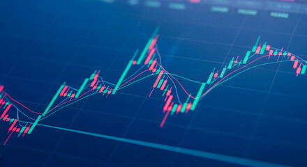 Poster - Close-up of financial chart displaying teal and red candlestick patterns on a dark blue grid, illustrating market trends and data analysis for investment decisions
